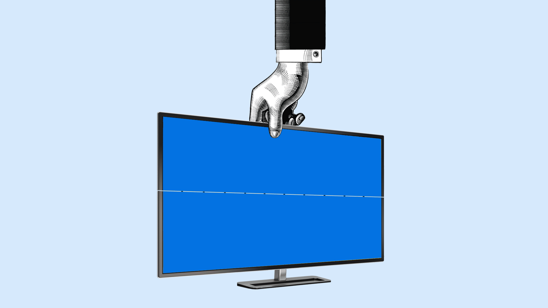A hand in a suit holds a flat-screen monitor against a light blue background.