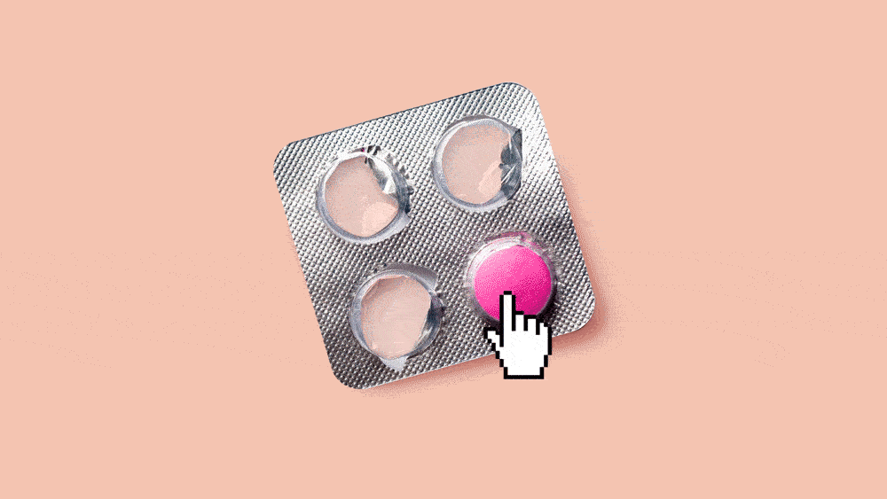 Graphic of a cursor hand over a pill packet, for "4 ways to leverage identity in pharma campaigns" with The Trade Desk