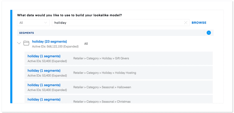 A data selection screen shows multiple “holiday” audience segments for targeting.