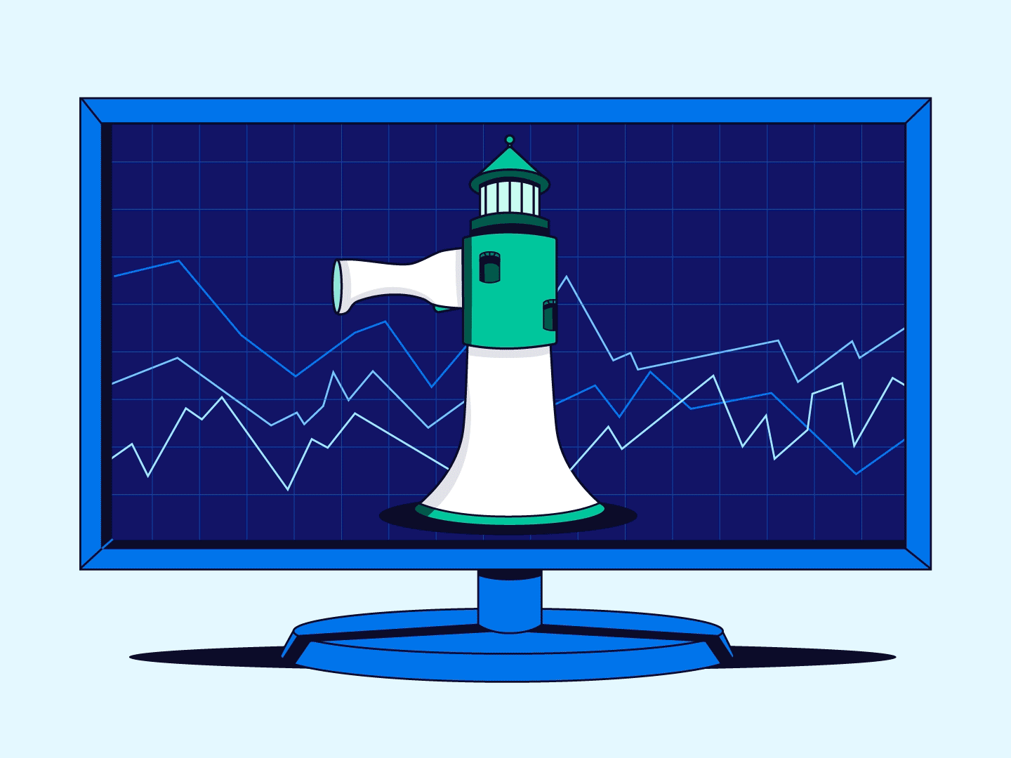 Illustration showing an economic line graph inside a TV. A megaphone sits in the center of the TV screen, lighting up the screen like a lighthouse.