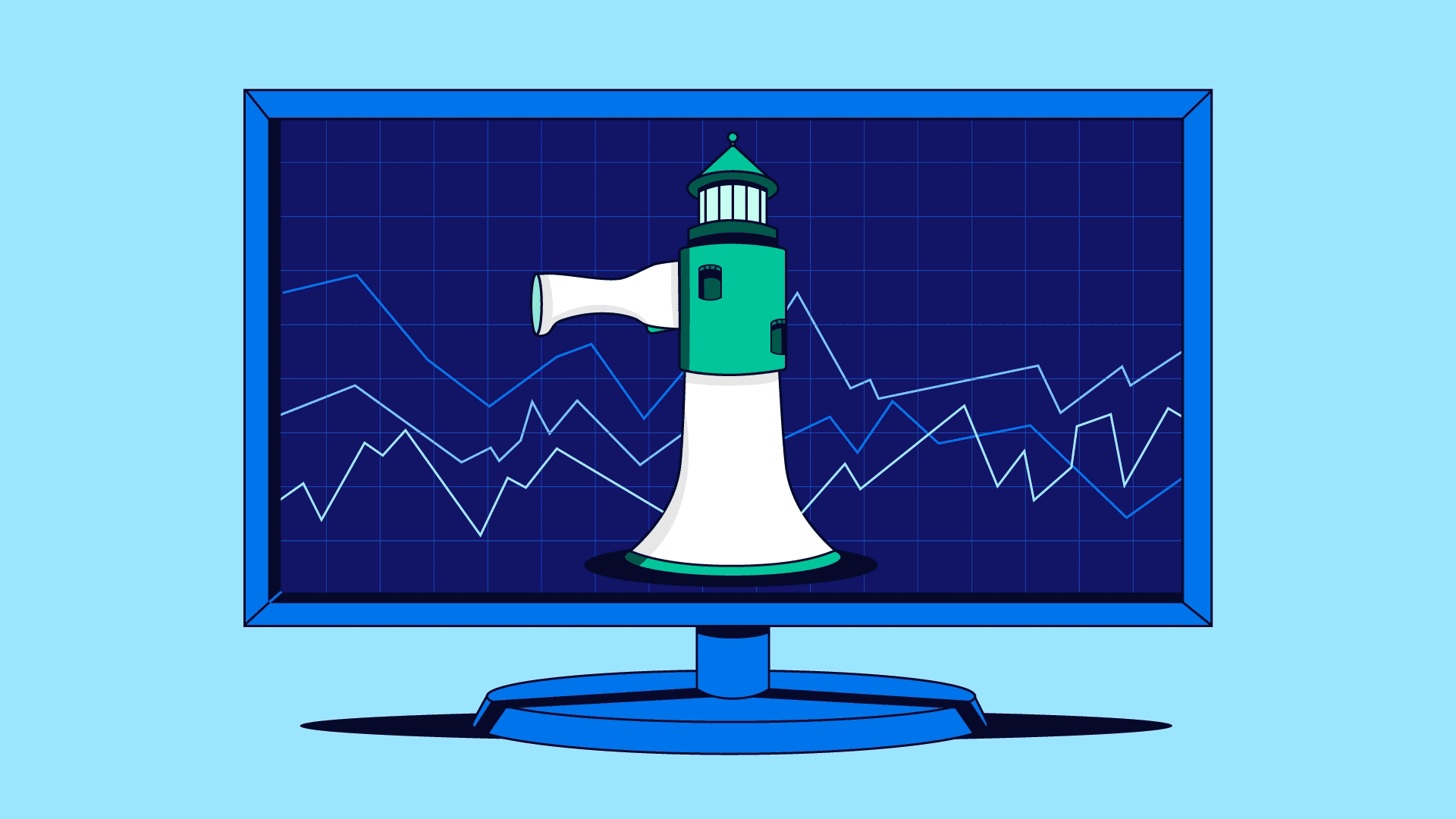 Illustration showing an economic line graph inside a TV. A megaphone sits in the center of the TV screen, lighting up the screen like a lighthouse.