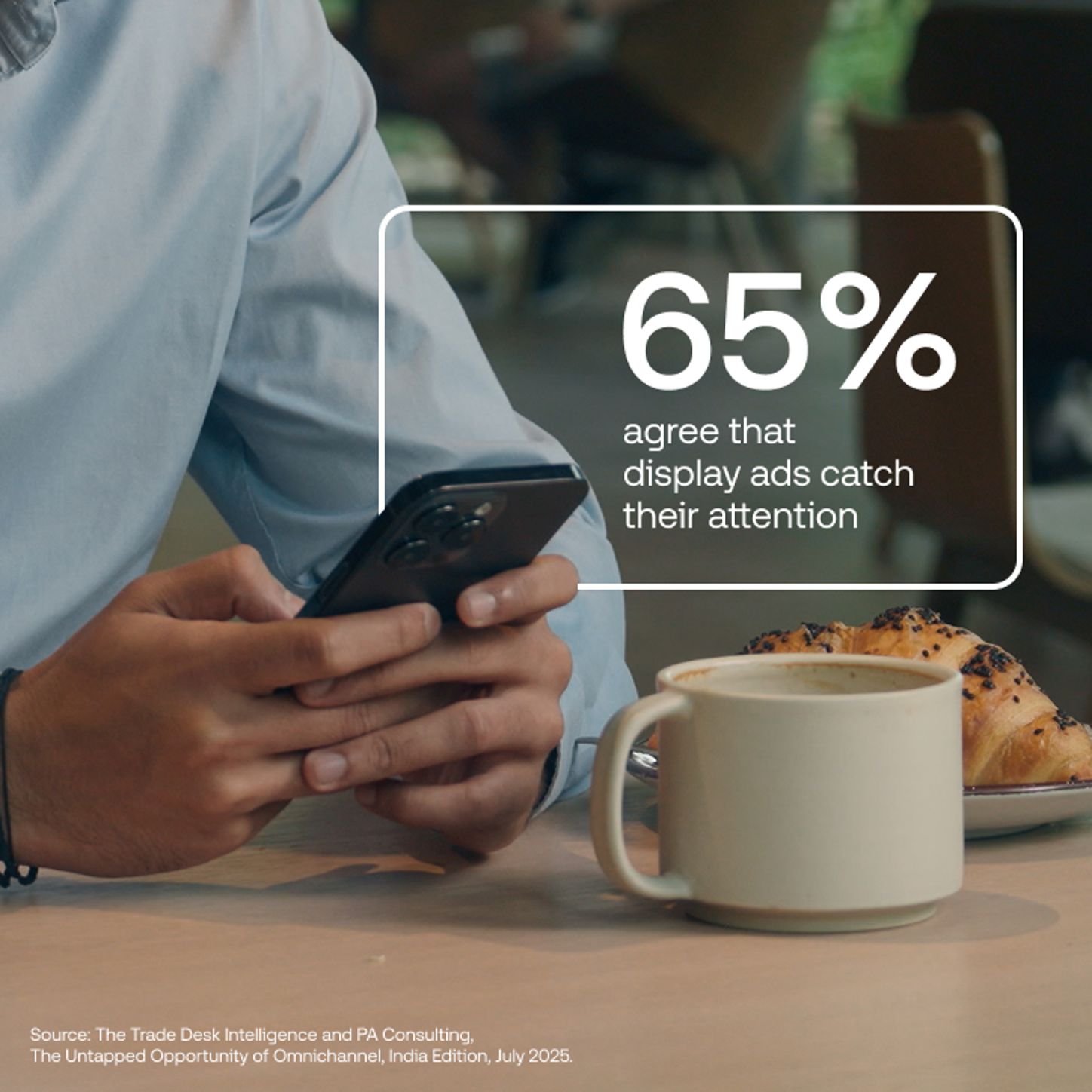 Man on his phone with white data vis from The Trade Desk Intelligence, placed over him