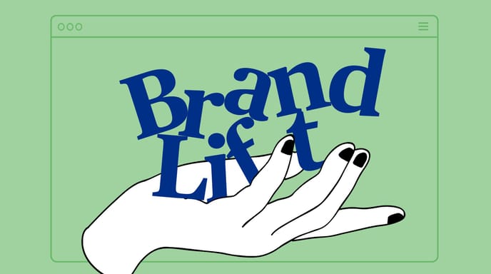 An illustrated hand lifts the words “Brand Lift” against a green background.