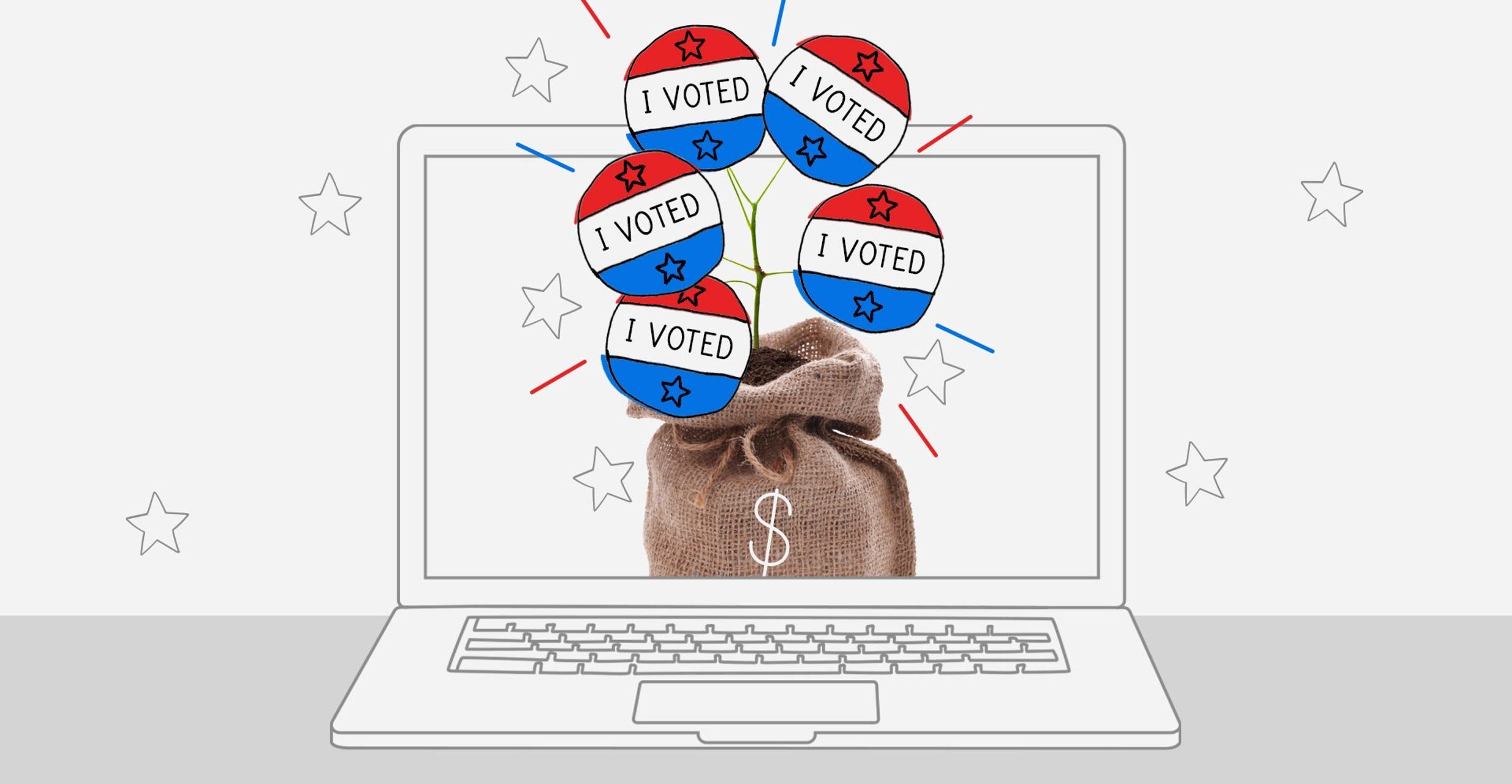 Laptop illustration with a money bag and “I VOTED” badges in red, white, and blue.
