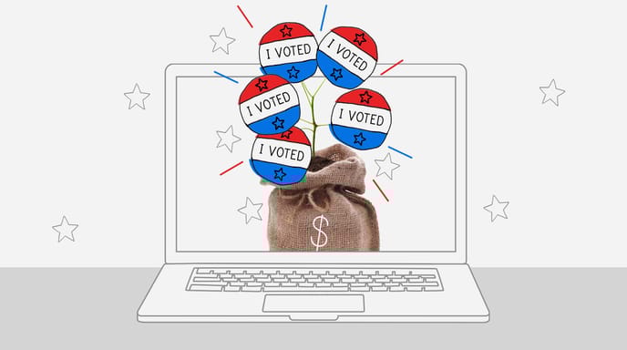 Laptop illustration with a money bag and “I VOTED” badges in red, white, and blue.