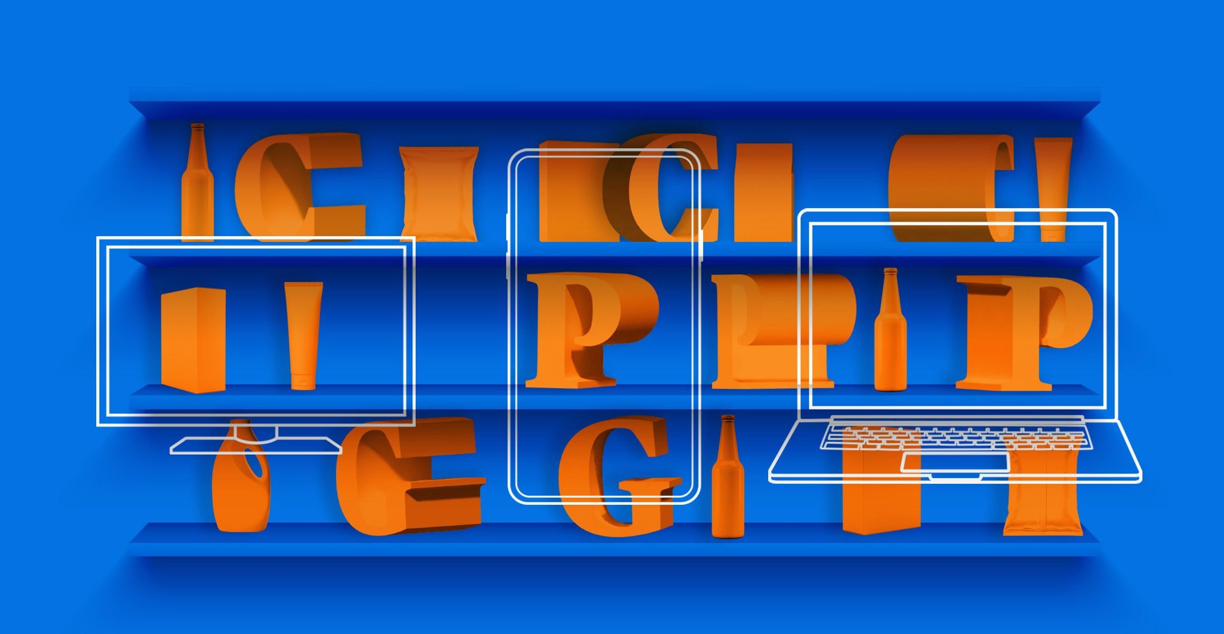 Various orange block letters with illustrated screens laying over