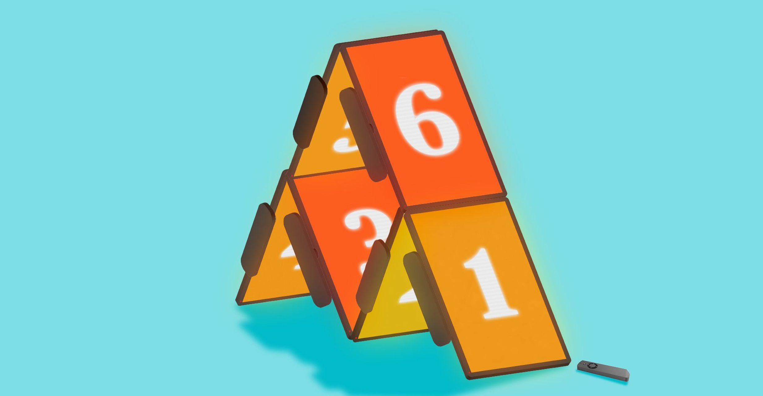 Illustration of orange cards stacked in a pyramid with white numbers on them