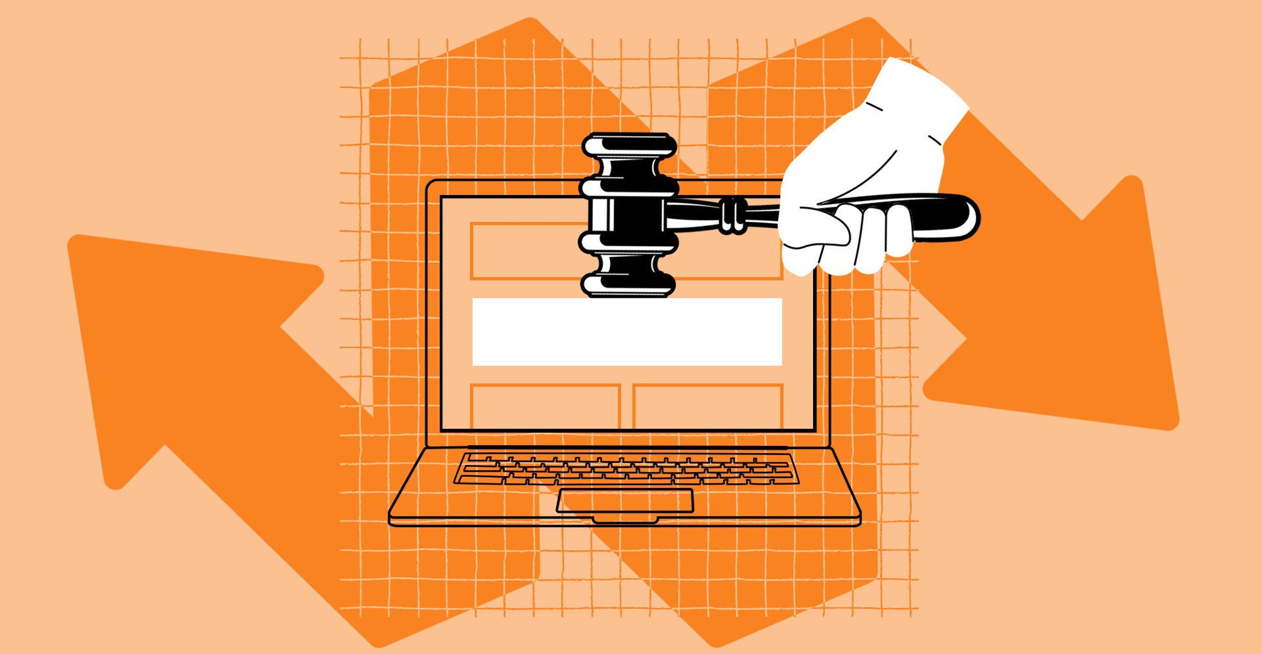 Orange graphic with a hand over a laptop holding a gavel. Behind the laptop is a bar graph and a double-ended arrow.