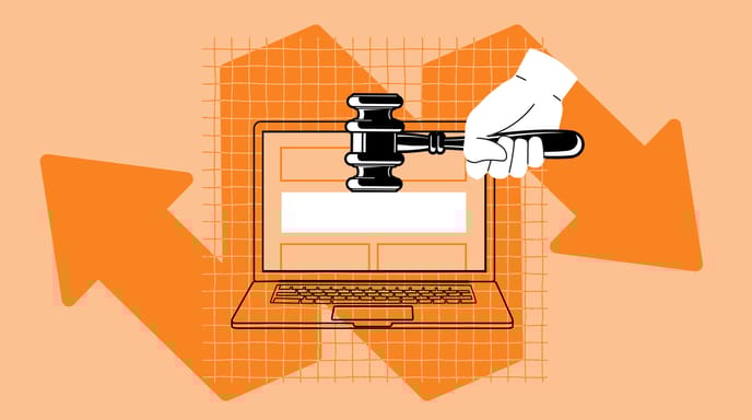 Orange graphic with a hand over a laptop holding a gavel. Behind the laptop is a bar graph and a double-ended arrow.