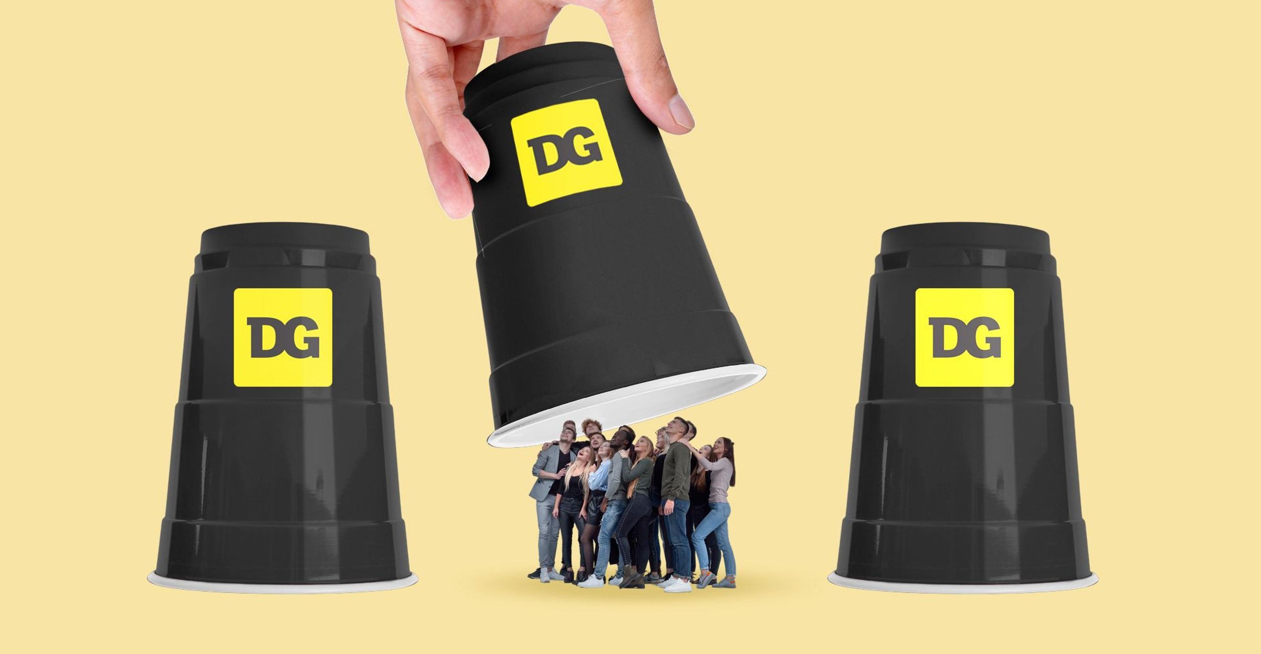 Image shows three black plastic cups with "DG" (Dollar General logo), while a hand picks up the middle cup, exposing a crowd of people.