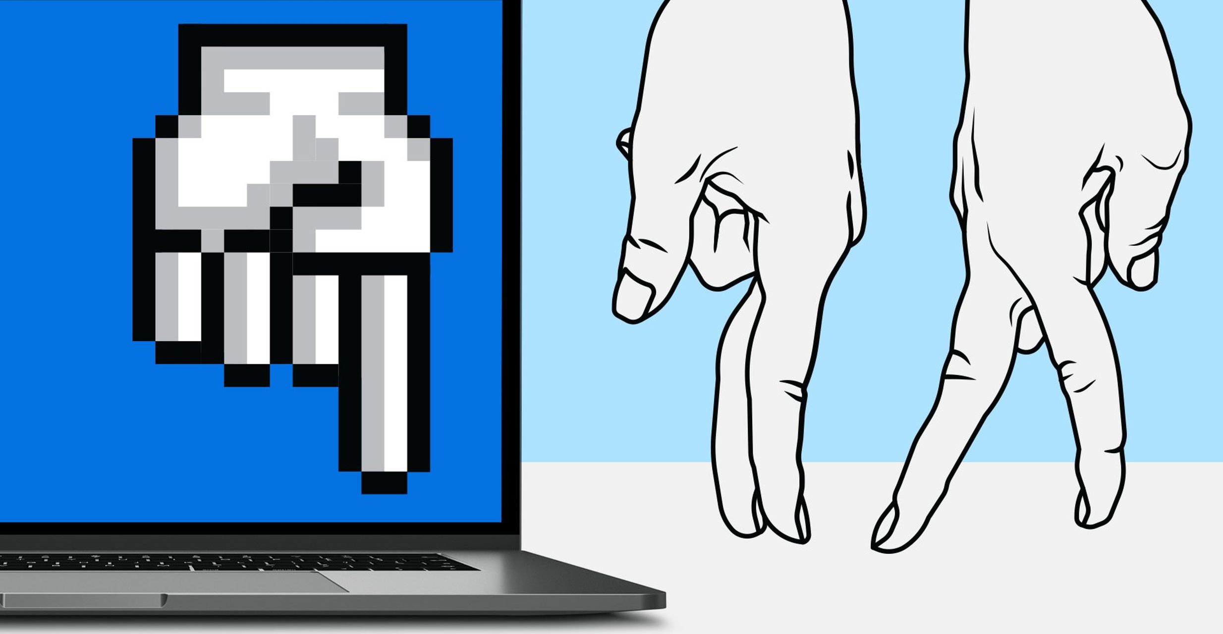 Graphic shows a pair of dancing fingers beside a laptop picturing a downward pointing hand