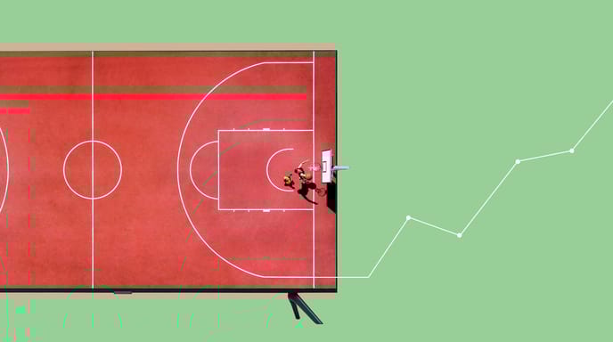 Two basketball players on a court with an illustration of a line graph coming off the court