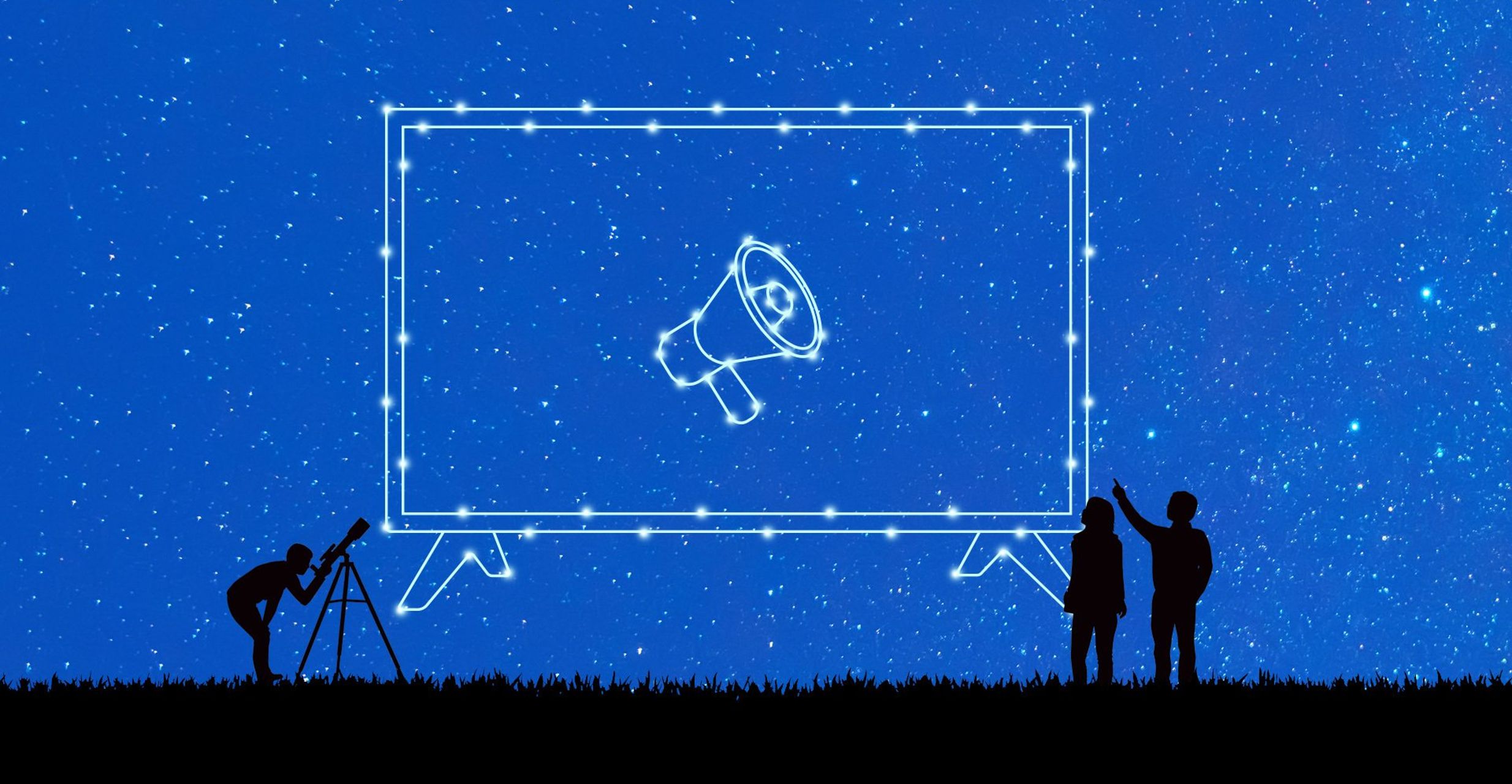 A large tv with a megaphone on the screen appears in the night sky while three bystanders observe