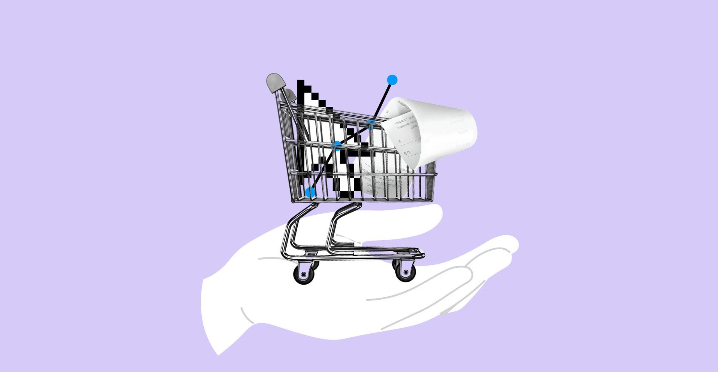 Illustration of a hand holding a shopping cart with a cursor inside of it