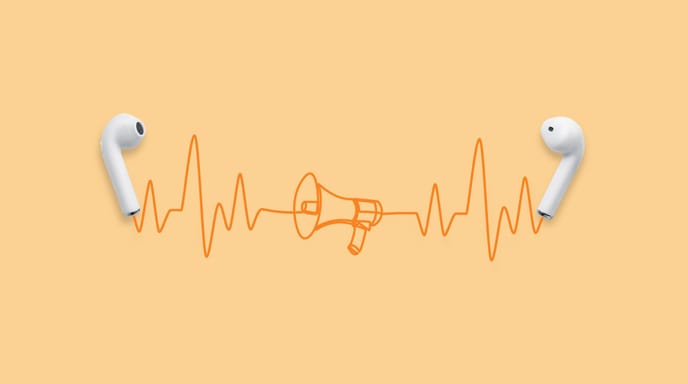 Pair of airpods laying on a light orange solid background with illustrated lines and a megaphone in between them
