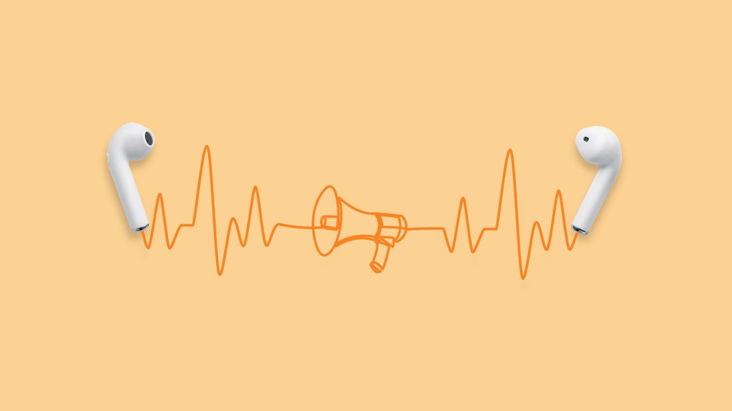 Pair of airpods laying on a light orange solid background with illustrated lines and a megaphone in between them