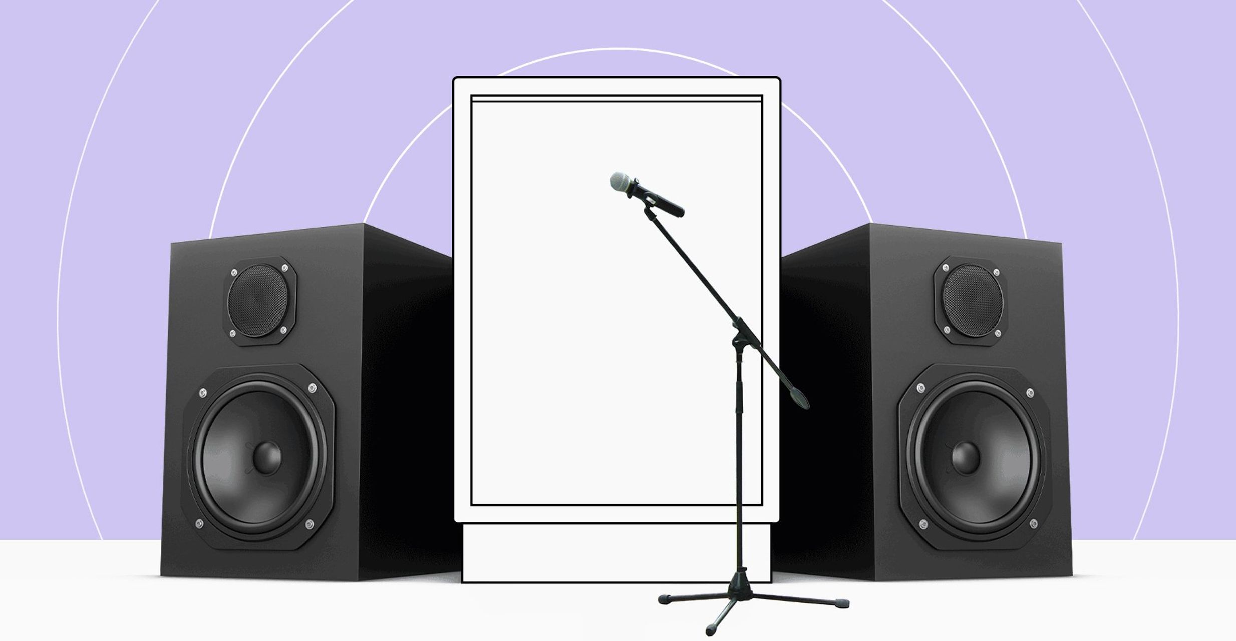 A tall digital screen with a microphone in front if it sits between two tall speaker boxes.