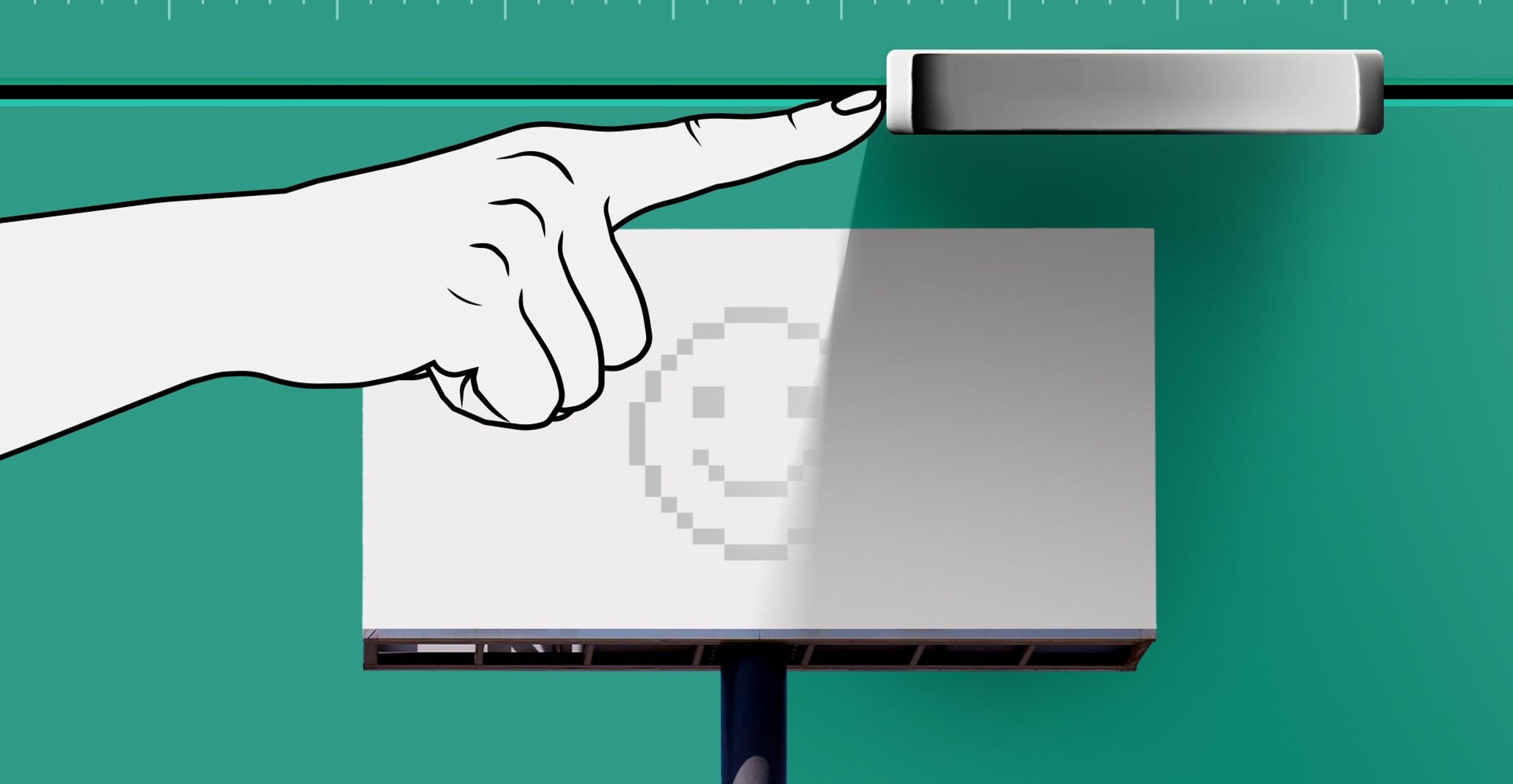 Green background with a graphic of a hand pushing a slider above a billboard with a smiley graphic