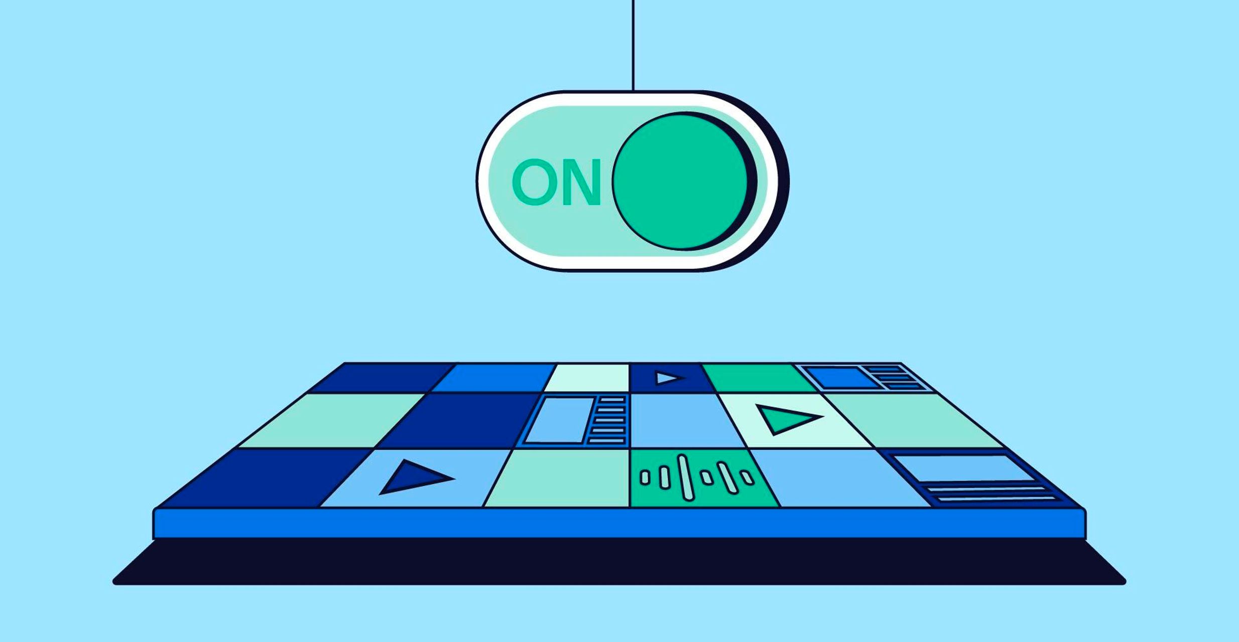 Blue graphic of a dance floor with an "on" switch hovering above and The Trade Desk logo in the top left corner to represent the Sellers and Publishers report