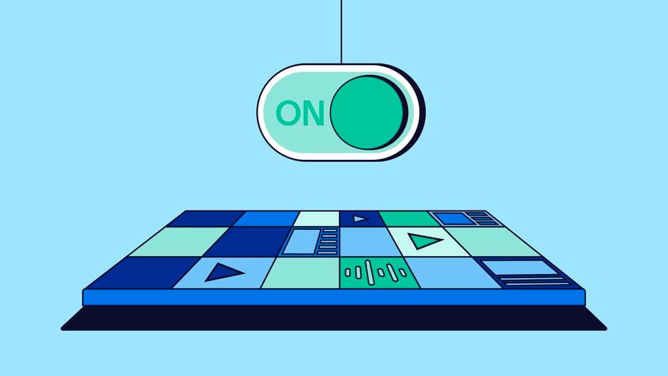 Blue graphic of a dance floor with an "on" switch hovering above and The Trade Desk logo in the top left corner to represent the Sellers and Publishers report