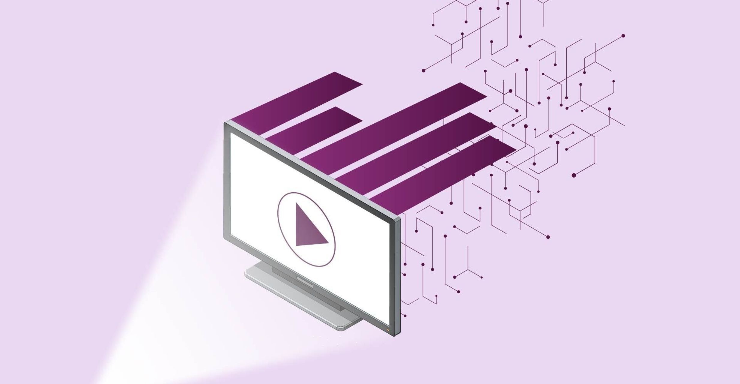 Graphic shows a play button on a TV screen and various connecting lines and dots behind the TV