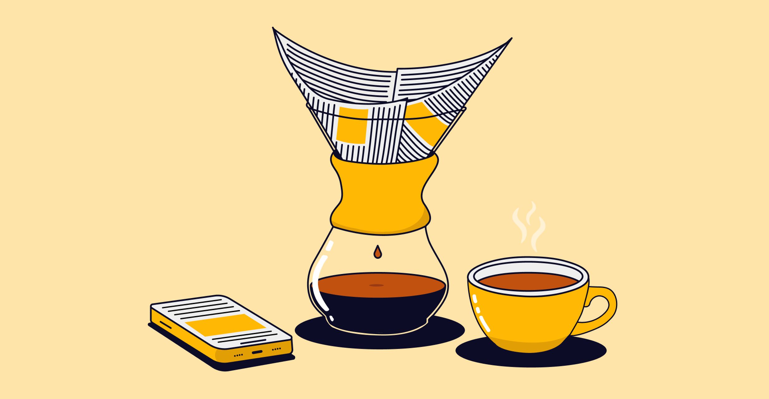 Yellow graphic of coffee brewing in a Chemex with a phone to the left