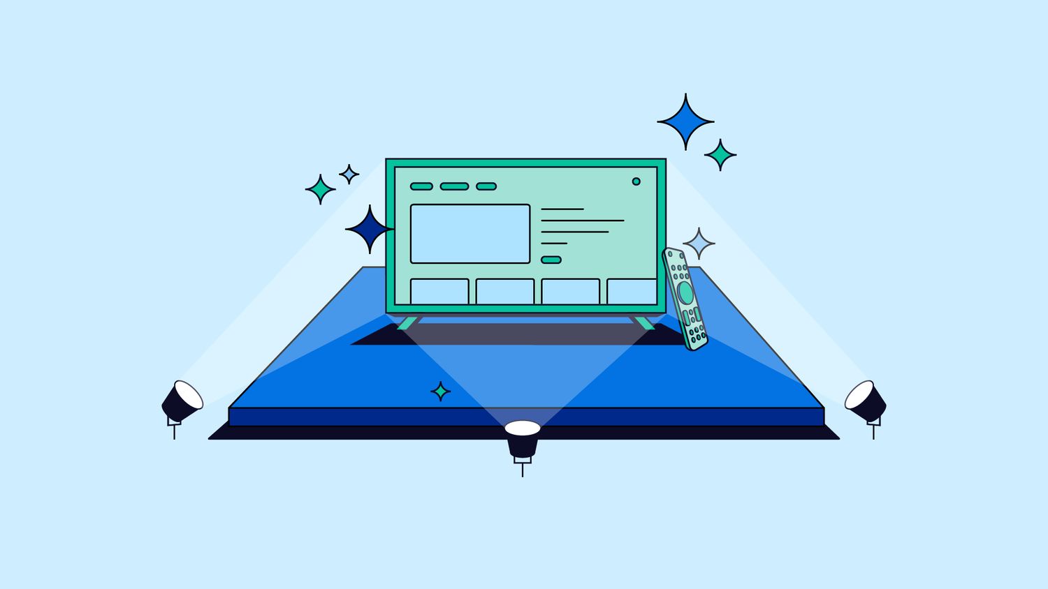 Illustration of a digital TV interface on a pedestal under spotlights, surrounded by sparkles, with a remote control leaning against the screen.
