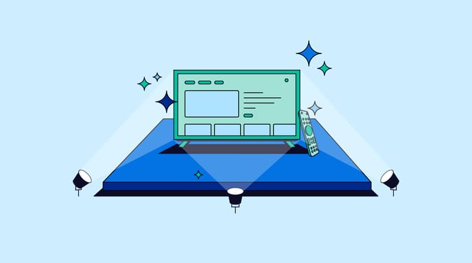 Illustration of a digital TV interface on a pedestal under spotlights, surrounded by sparkles, with a remote control leaning against the screen.