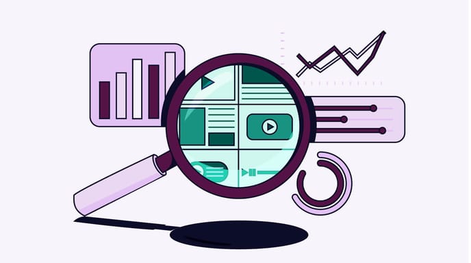 Illustration of a magnifying glass analyzing digital content and data visualizations like charts, graphs, and media icons.