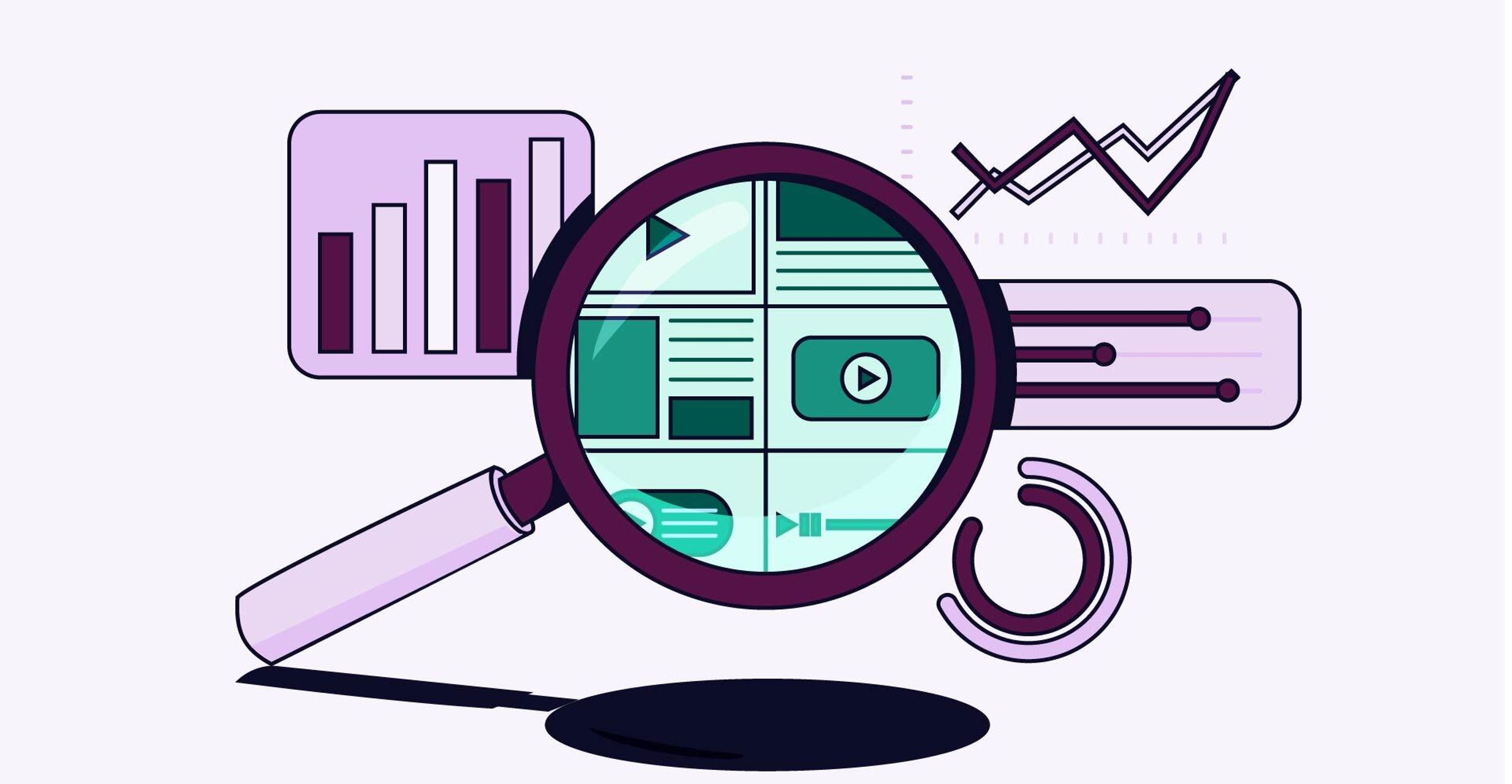 Illustration of a magnifying glass analyzing digital content and data visualizations like charts, graphs, and media icons.