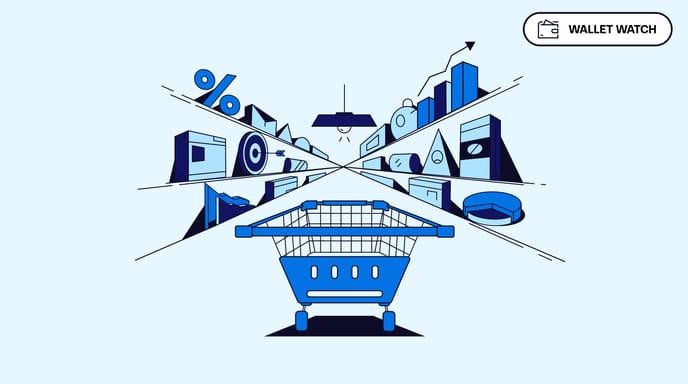 Illustration of a shopping cart in a store aisle filled with financial and data-related icons, symbolizing consumer spending and economic analysis.