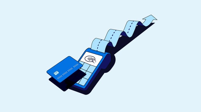 Illustration of a payment terminal with a credit card and a receipt forming an upward arrow