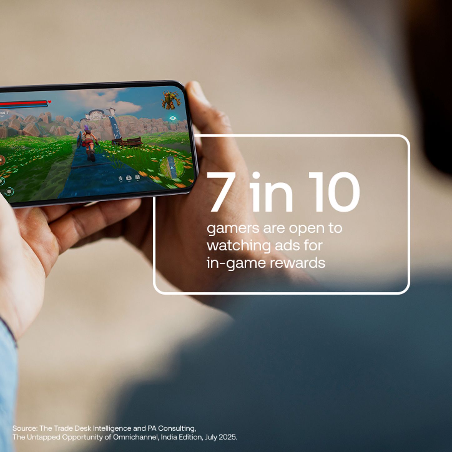 Man gaming on his phone with white data vis from The Trade Desk Intelligence, placed over him