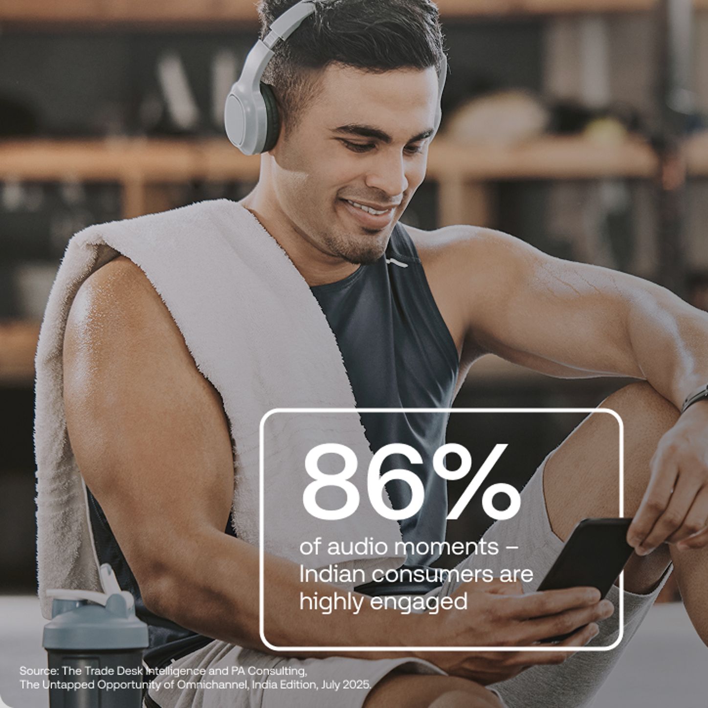 Man at the gym with white data vis from The Trade Desk Intelligence, placed over him