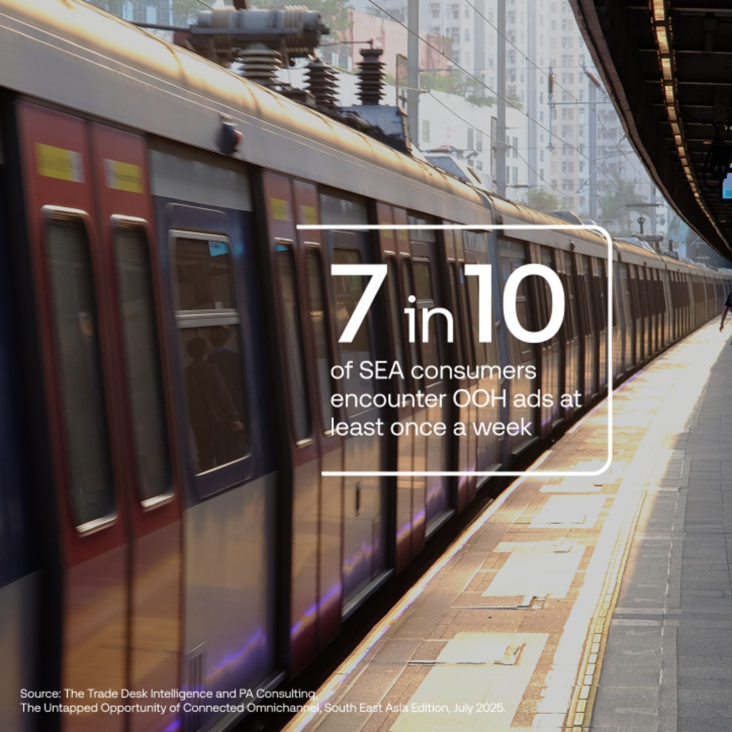 Data vis with a train in the background and a stat in white text over top