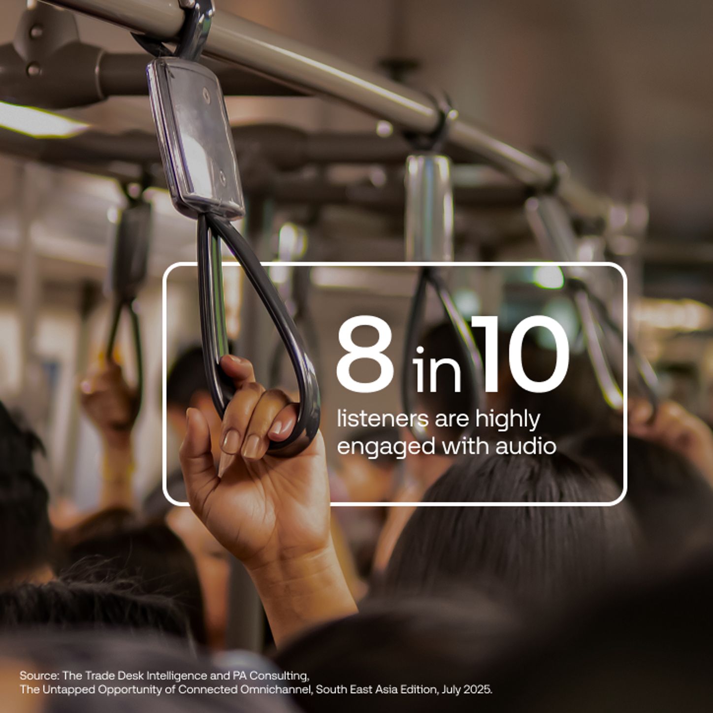 Data vis with the inside of a train in the background and a stat in white text over top