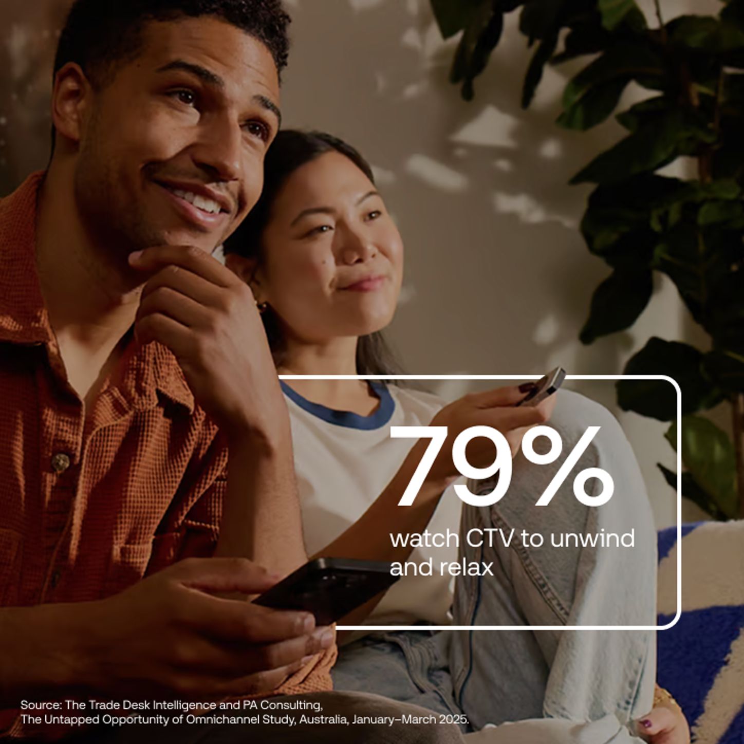 Hombre y mujer viendo la televisión. El hombre tiene el móvil en la mano. La mujer, el mando a distancia.