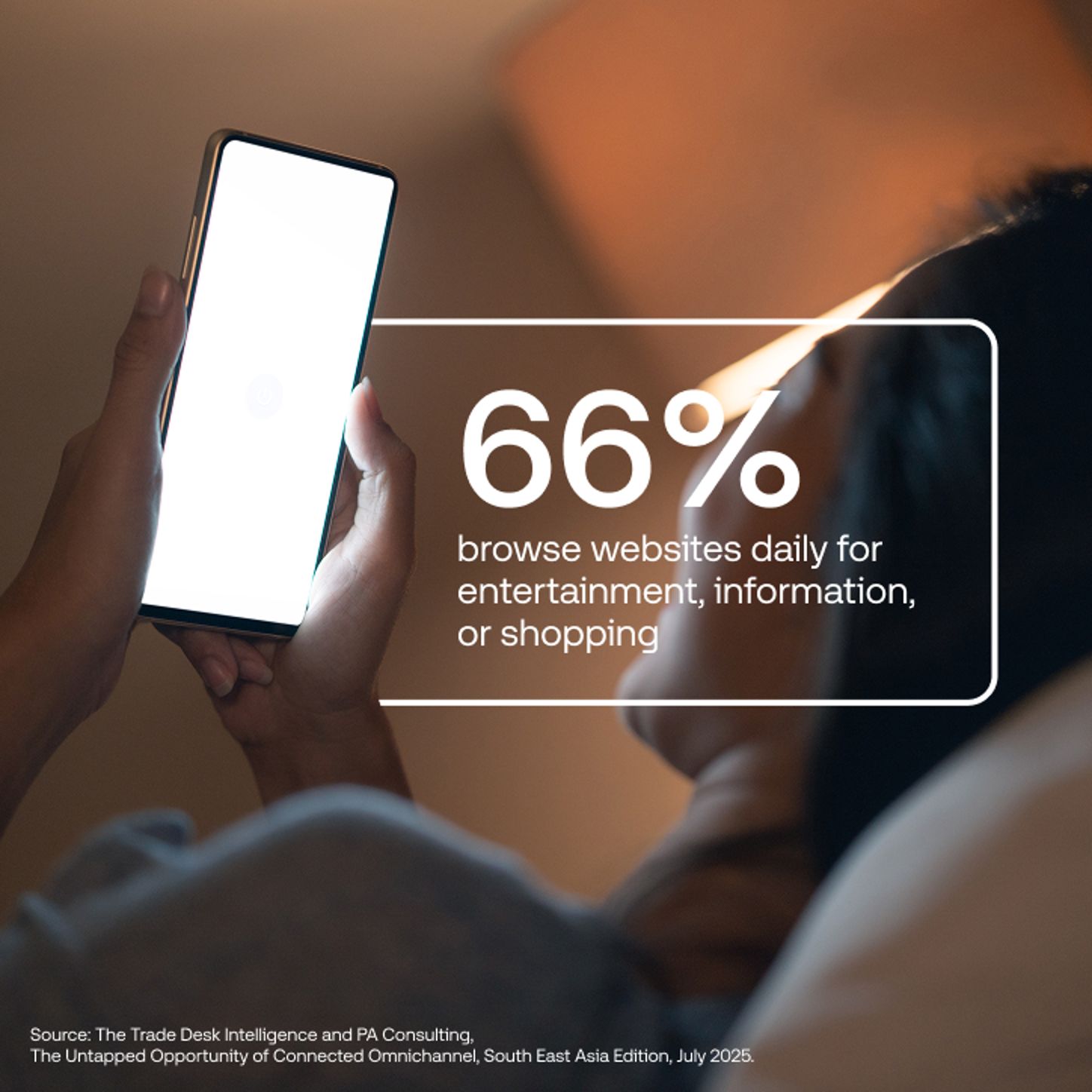 Data vis with a person on their phone in the background and a stat in white text over top