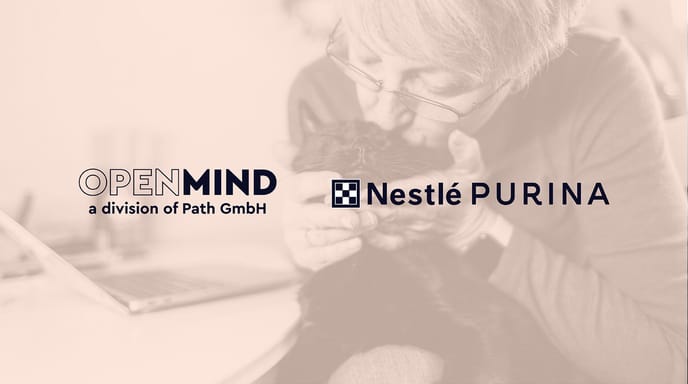 Logos of OpenMind (a division of Path GmbH) and Nestle Purina sit against a red tinted background image of a woman kissing her black cat.