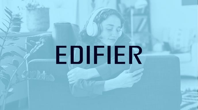 Edifier case study against a sky blue background