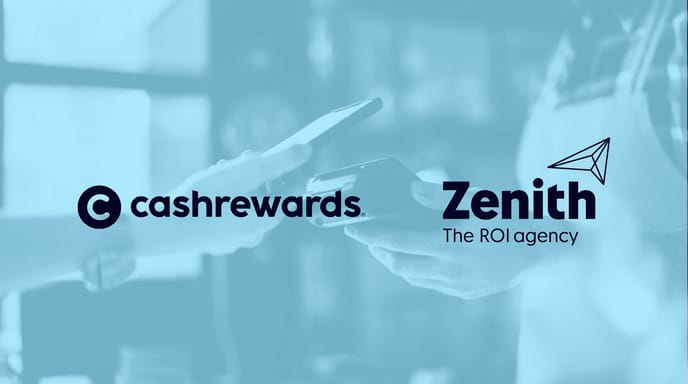 Blue graphic with Cashrewards and Zenith logos placed over