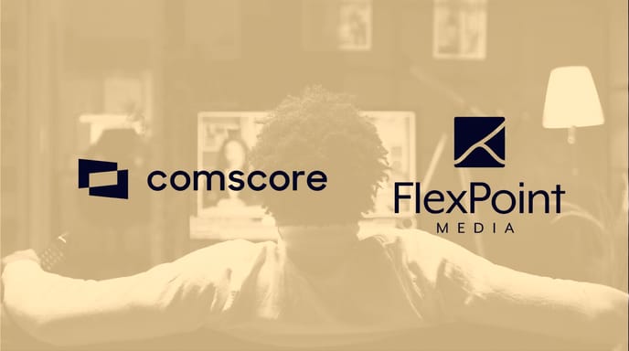 Logos of Comscore x FlexPoint Media against a yellow tinted background image of a person's head while they watch television