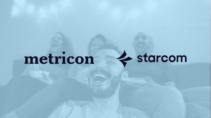 Logos of Metricon and Starcom against a blue tinted background image of a group of friends laughing and watching TV