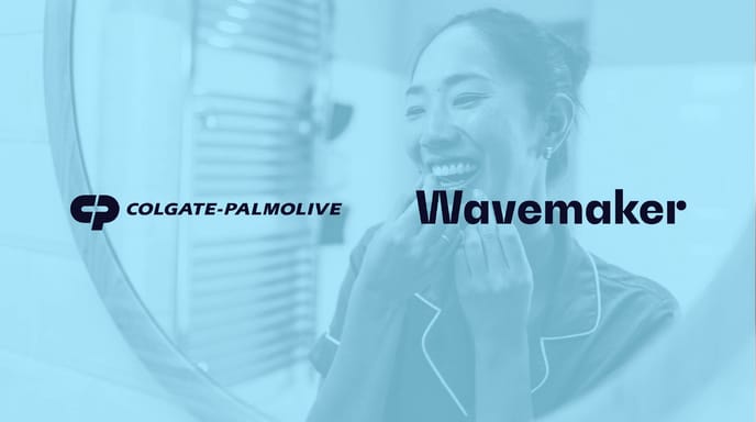 Blue cover image of a woman flossing with Colgate and Wavemaker logos over top