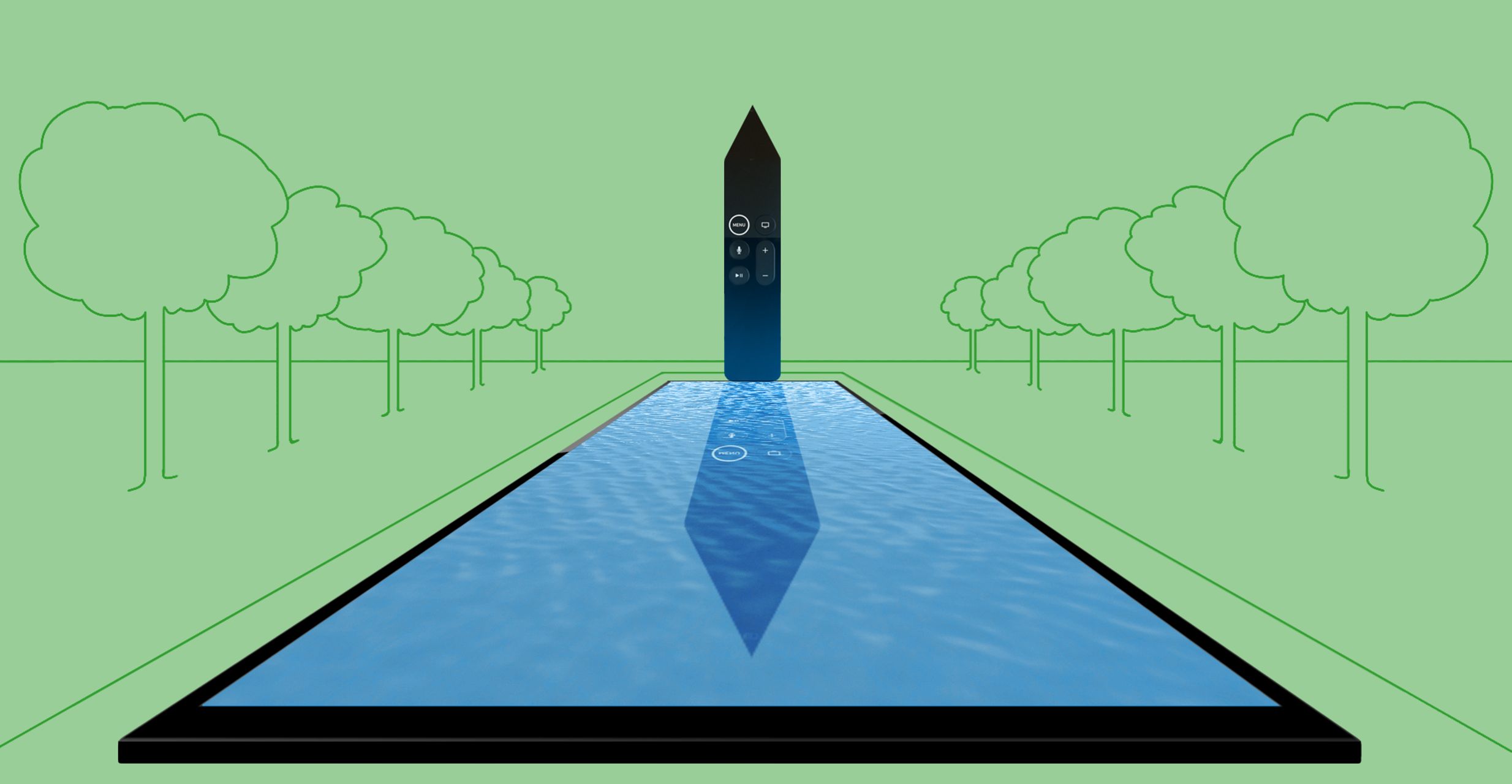 A tv remote, shaped like an obelisk, stands in front of a body of water where it's reflection is mirrored.