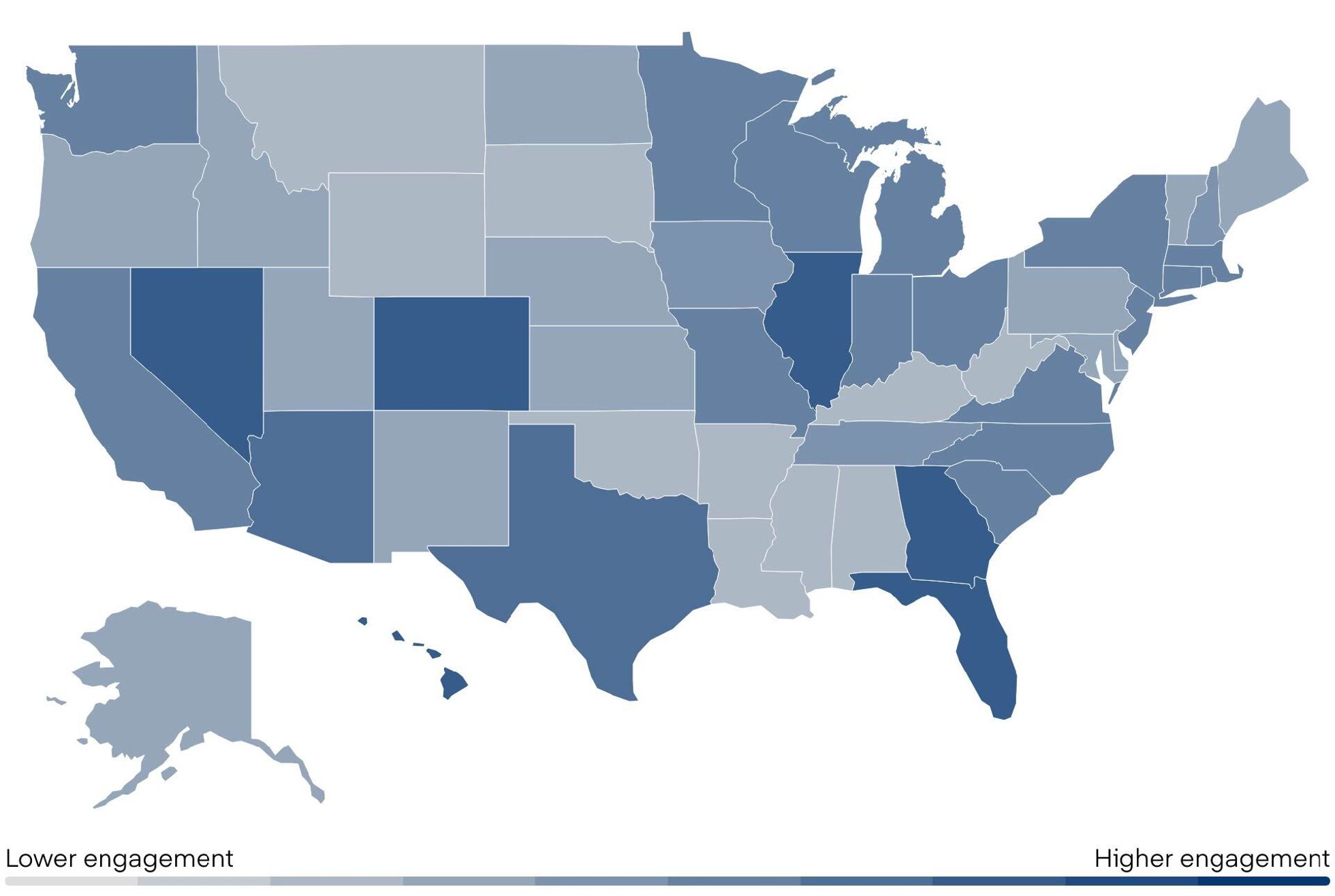 Graphic of a map of the United States with states in various shades of blue.