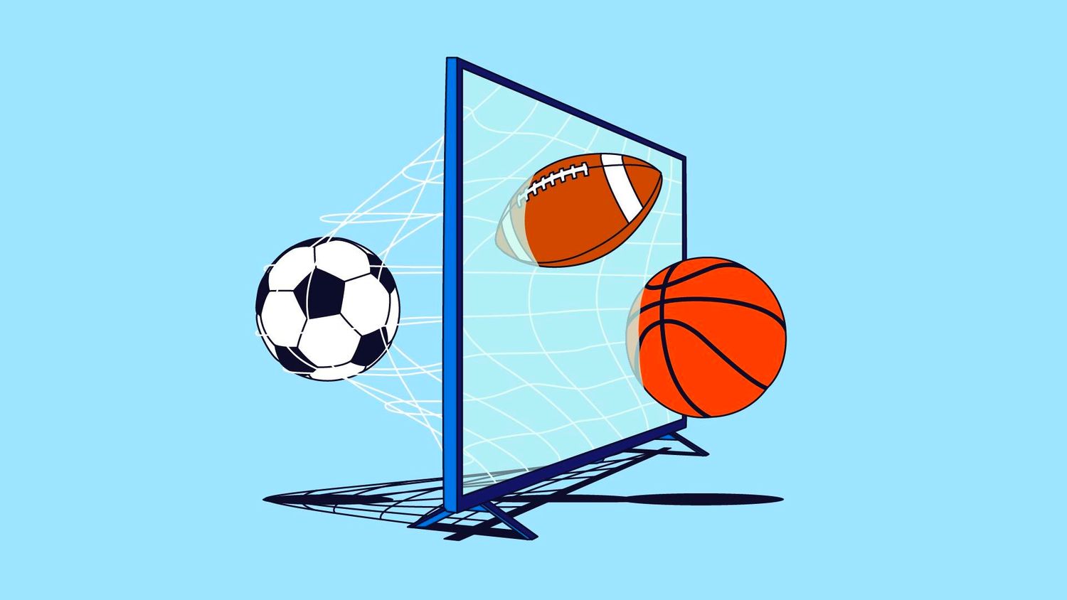 Graphic of a soccer ball, football and basketball all going into a soccer goal net.