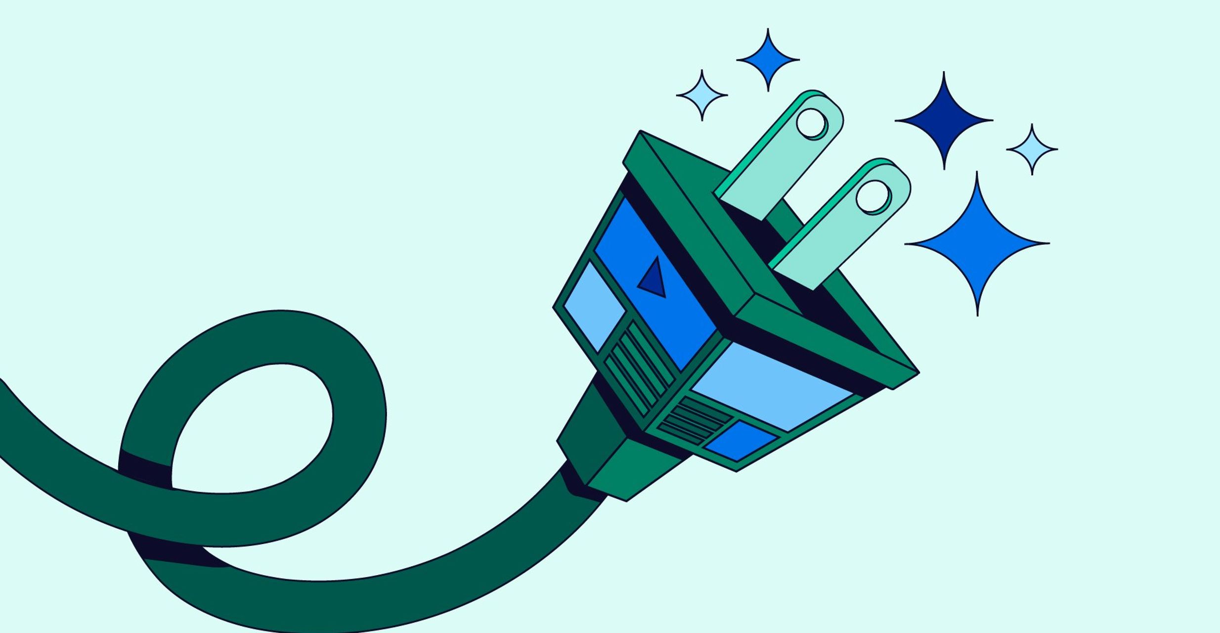 Graphic of a green and blue plug with sparkles around it