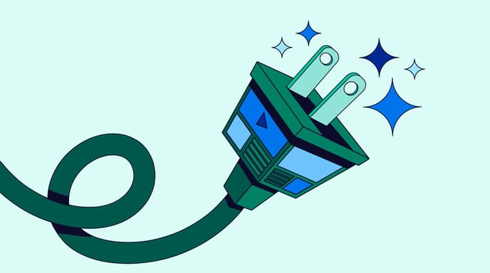 Graphic of a green and blue plug with sparkles around it