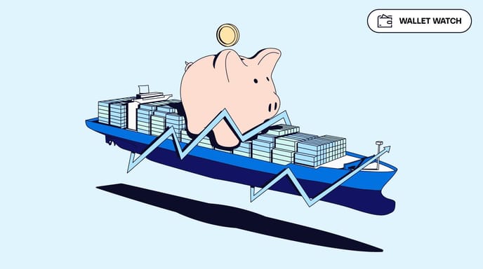 A shipping container ship holding containers and an oversized piggy bank, with an upward trending line circling it. The logo "Wallet Watch" is in the top right corner.